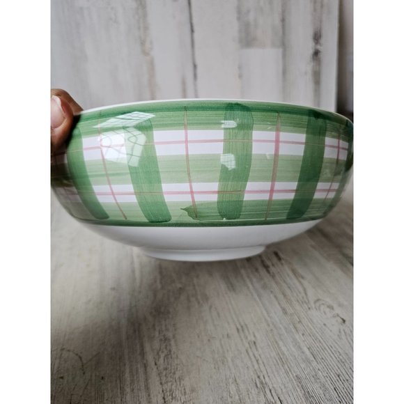 Vintage Italy Christmas serving bowl oales? Xmas plaid green large centerpiece - Picture 4 of 7
